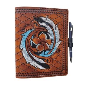 Handcrafted Leather Binder Journal Notebook with Floral and Feather Design